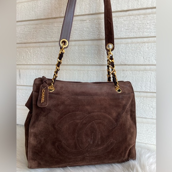 CHANEL Brown Suede Jumbo CC Chain Tote Handbag Vintage Classic - Picture 2 of 16